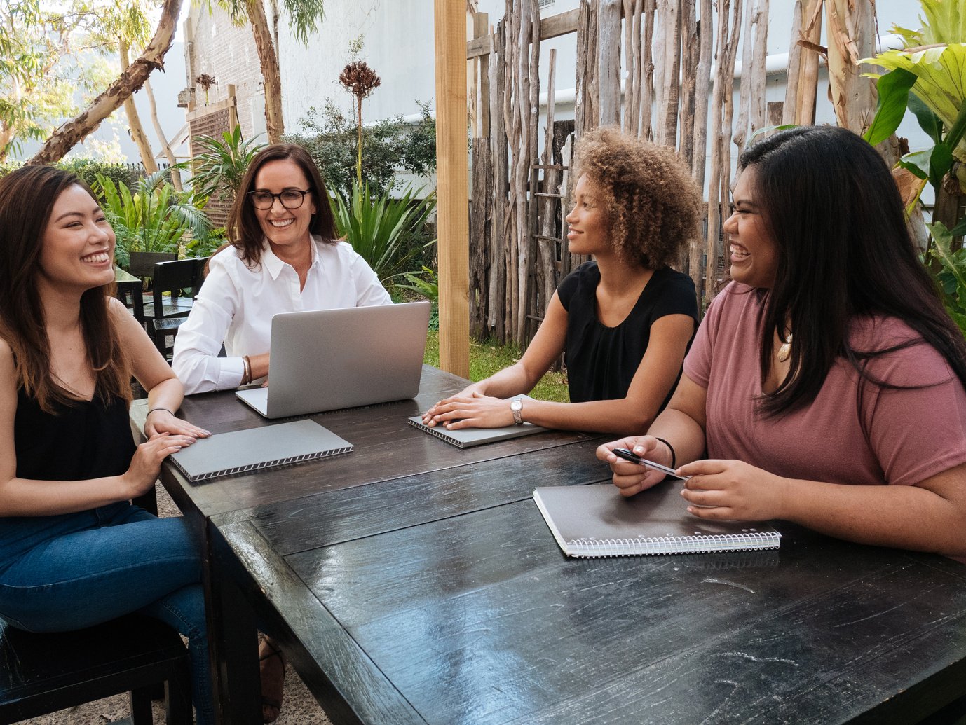 Diverse group of women working together on collaborative initiatives